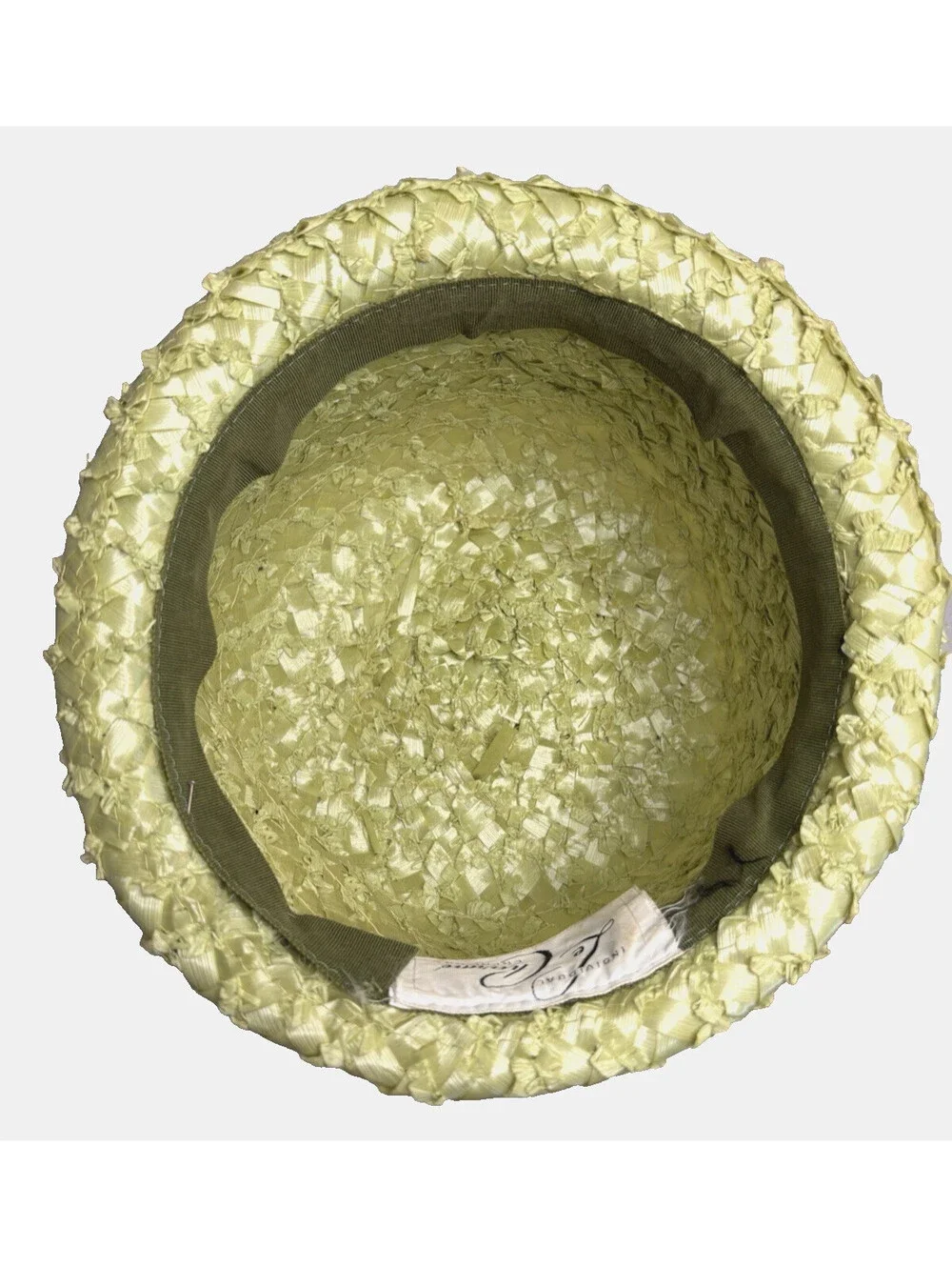 Vintage 1960's La Charme Women's Green Woven Pillbox Hat Ribbon Hat Pin 21